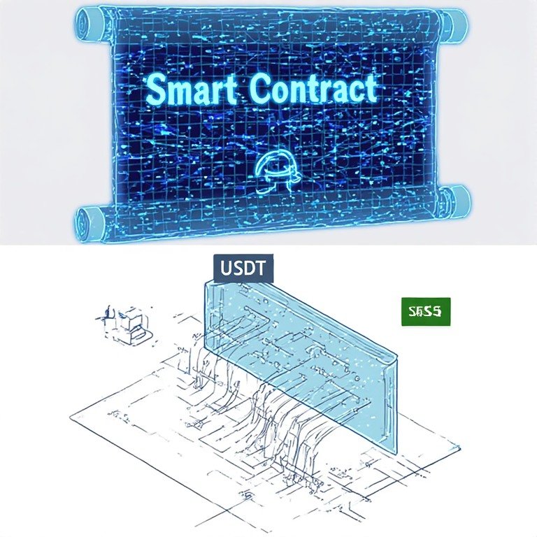 스마트 컨트랙트 코드가 USDT 입금과 게임 결과를 자동으로 처리하는 과정을 형상화한 이미지